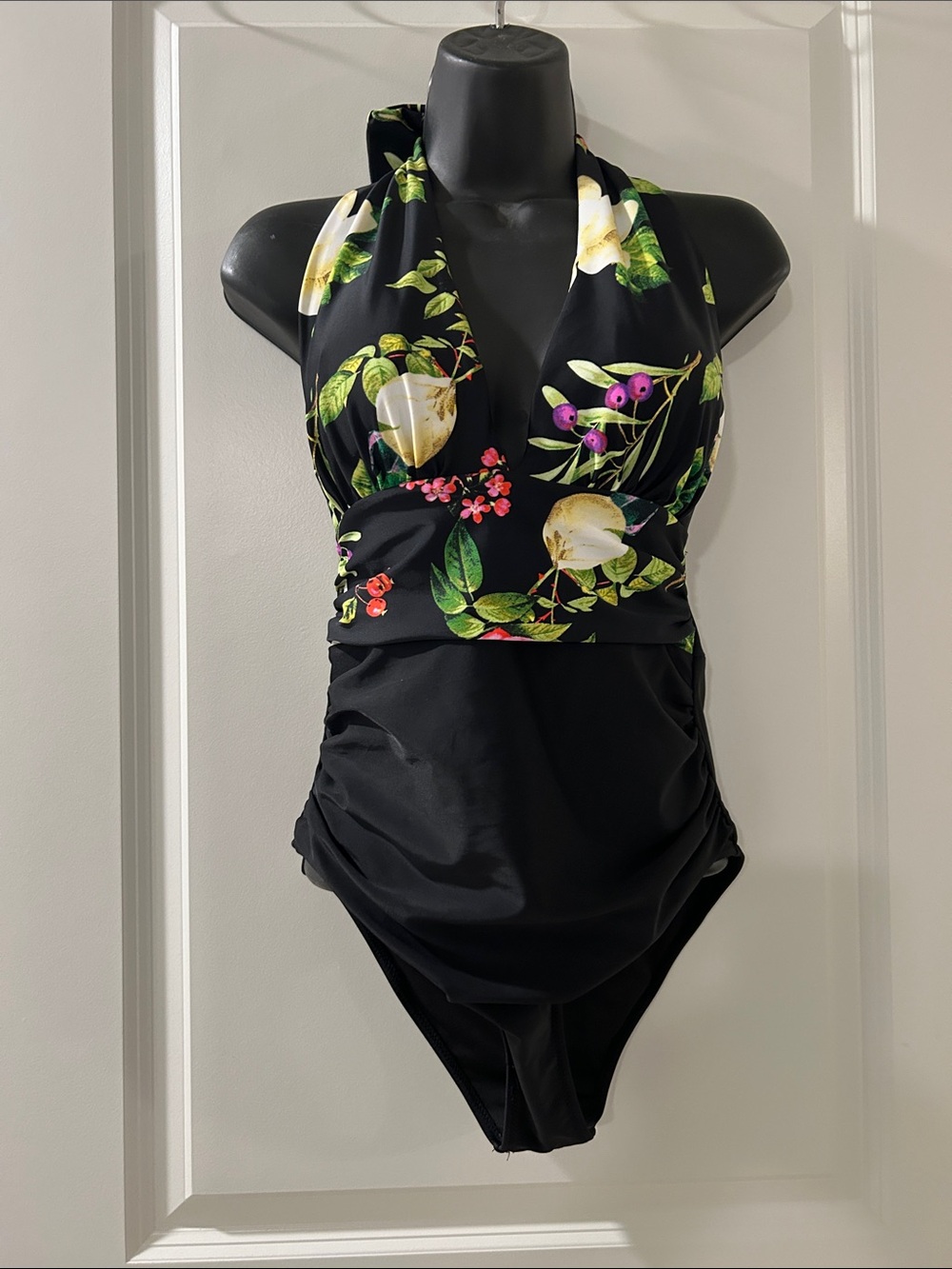 Cupshe Black Floral Halter One-Piece Swimsuit with Green and Yellow Accents